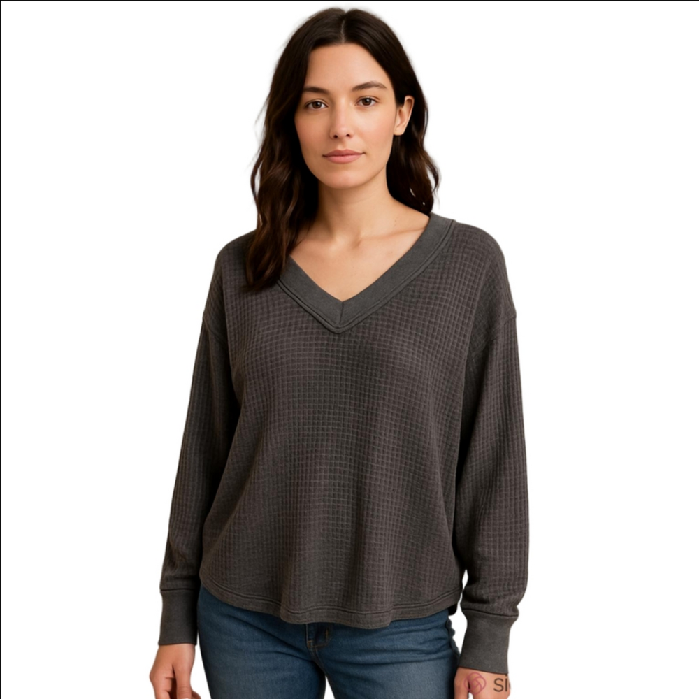 Free People Gray Charcoal Waffle Knit Long Balloon Sleeve Off Shoulder Vneck Top